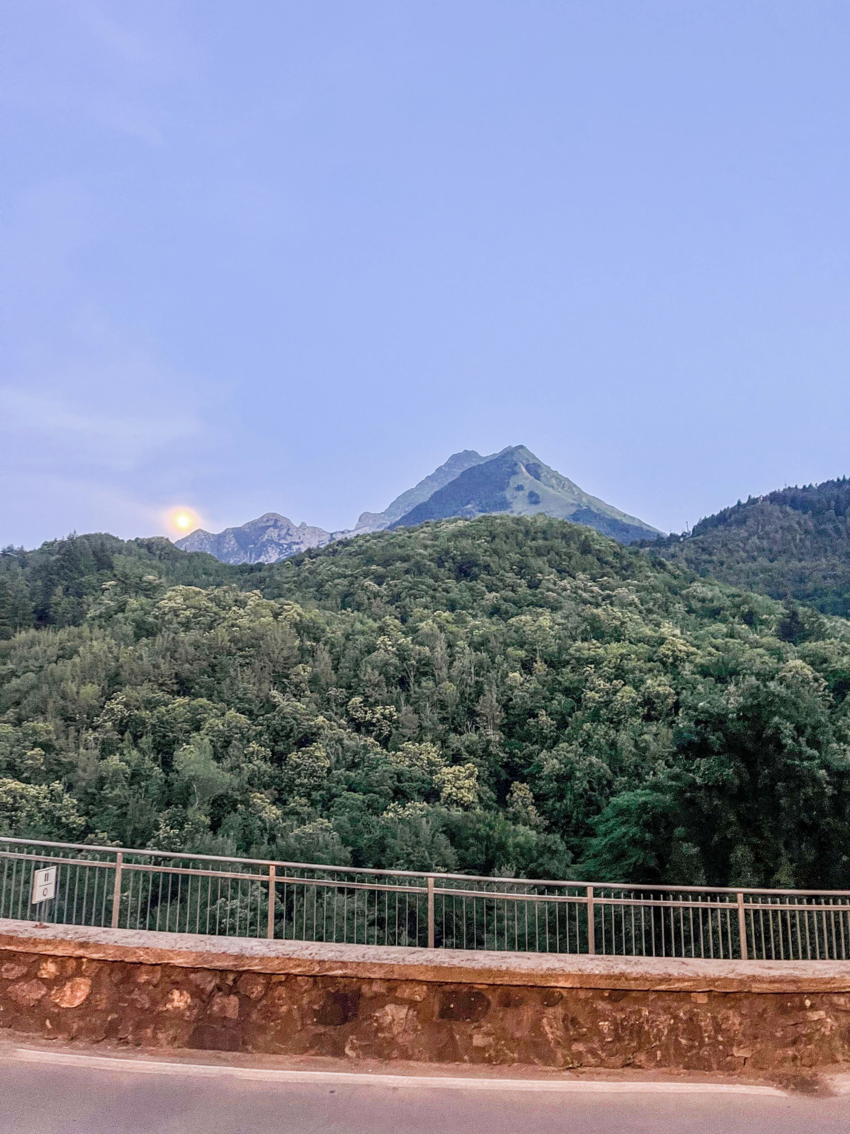 Una montaña con una ladera boscosa y cielo despejado.