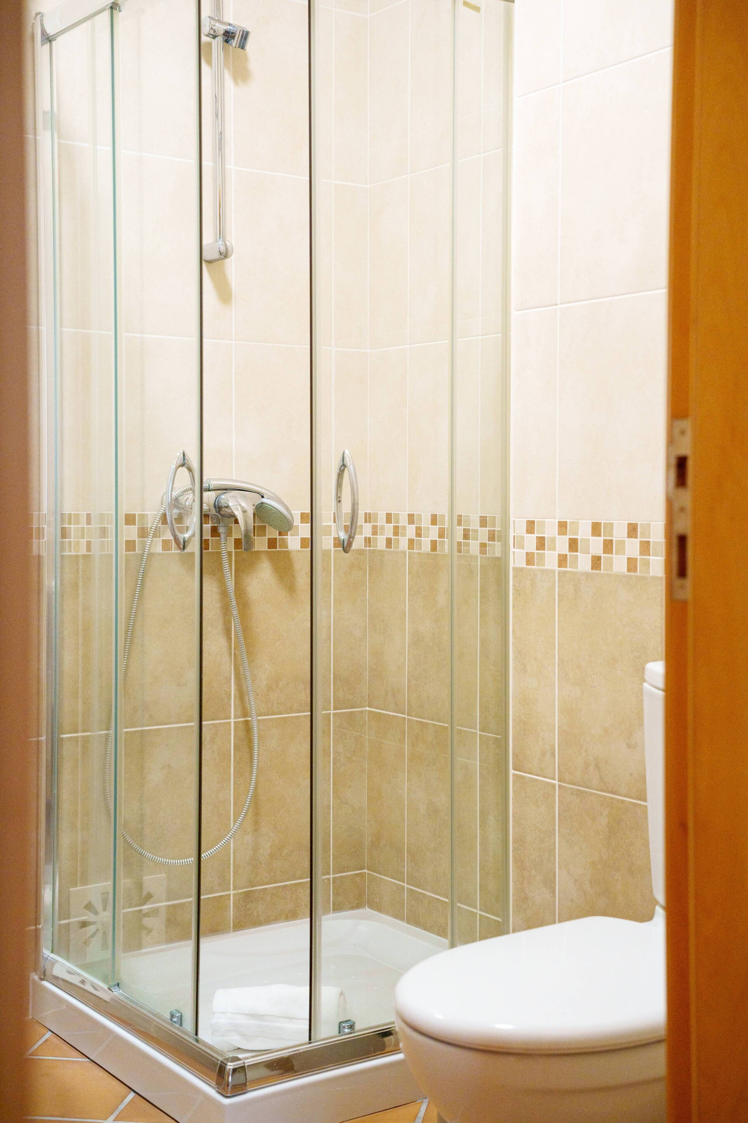A shower enclosure with a glass door, a toilet, and a tiled wall with a patterned border.