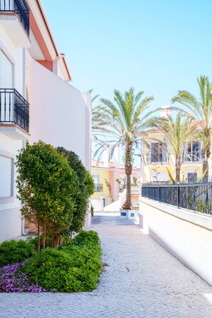 A paved pathway flanked by buildings, palm trees, and a hedge. - Seaside Light, Praia del Rey (Óbidos)