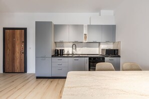 Fridge, microwave, oven, stovetop - Aqua Breeze Golem | 1BR Apartment by PikHost (Durrës)