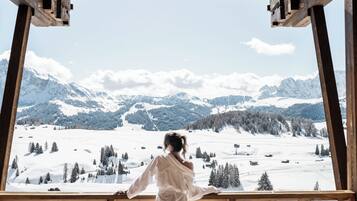 Una persona de pie junto a una ventana con vistas a un paisaje montañoso nevado.