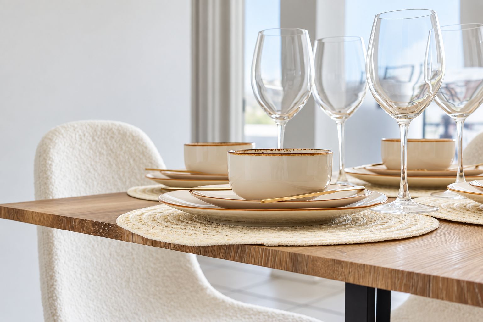 A dining table with a set of plates, bowls, and wine glasses arranged on placemats.