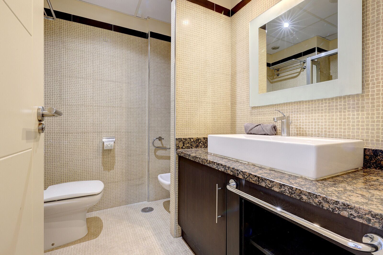 A bathroom with a shower, toilet, sink, and mirror.
