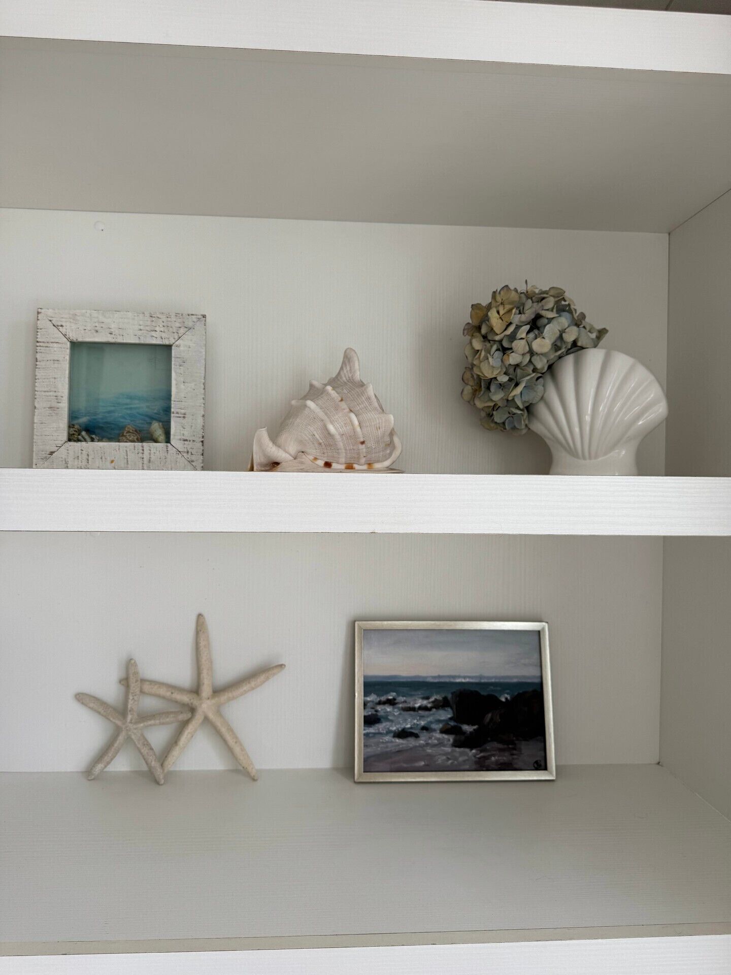 A white shelf with a framed picture, a seashell, and a vase with dried flowers.