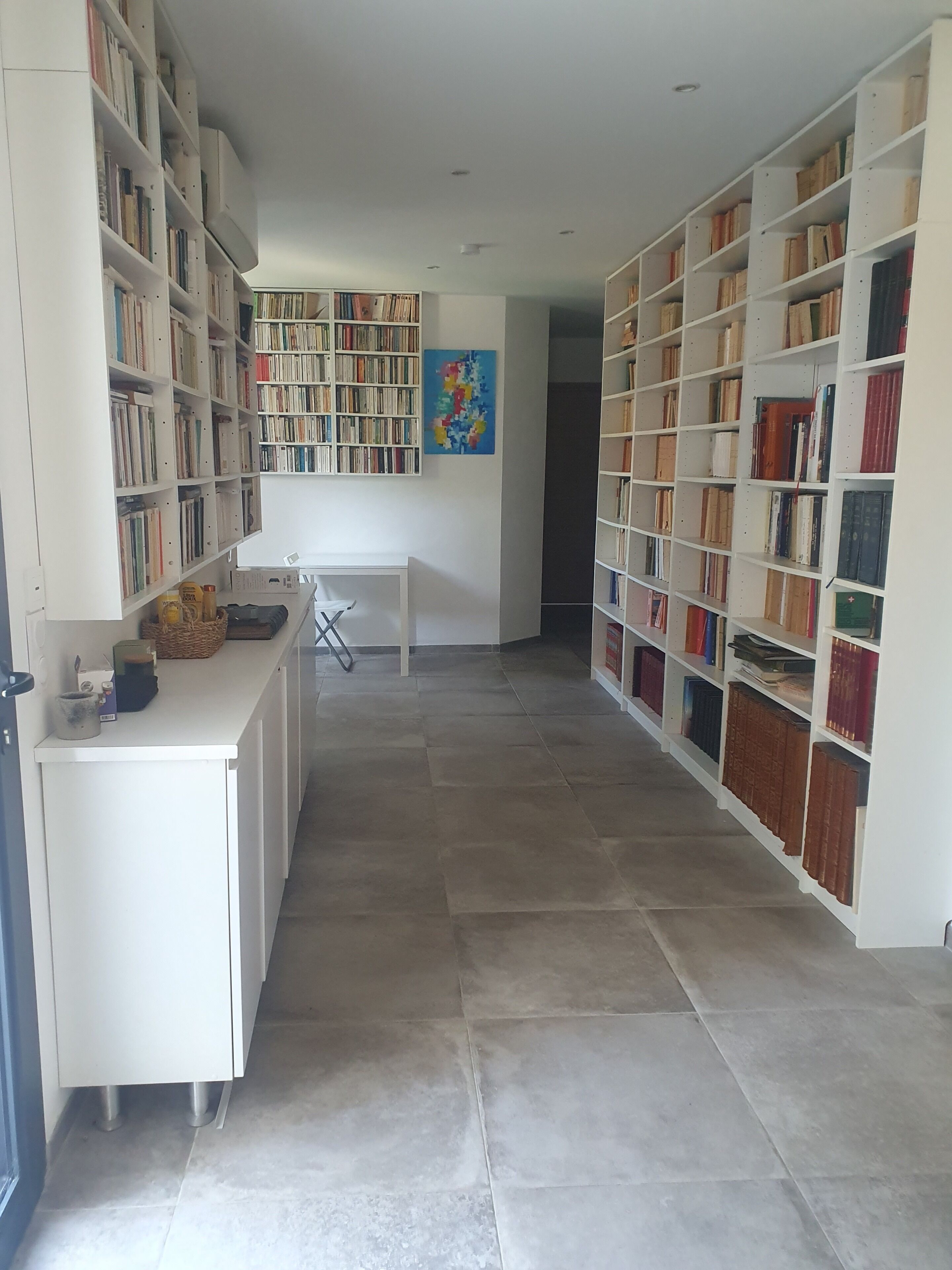 Una habitación amplia con una estantería grande llena de libros, un escritorio pequeño con una silla, y un cuadro en la pared.
