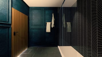 Hair dryer, towels, soap, shampoo