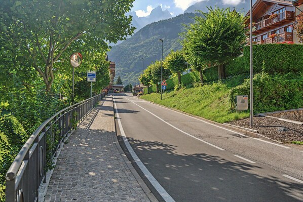 A paved road with a stone border, flanked by trees and a mountain backdrop.