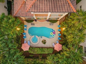 Una piscina sul tetto con lettini e ombrelloni, circondata da palme.