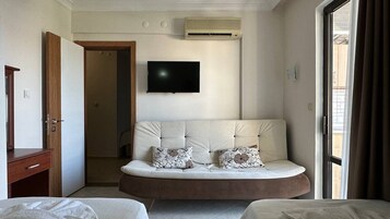 Una habitación con sofá, dos almohadas, televisor, aire acondicionado, puerta de madera y ventana.