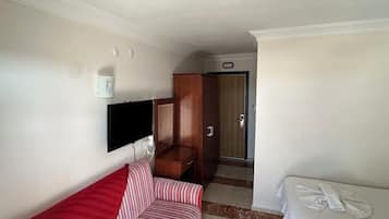 A hotel room with a bed, a sofa, a television mounted on the wall, a wardrobe, and a bathroom door.