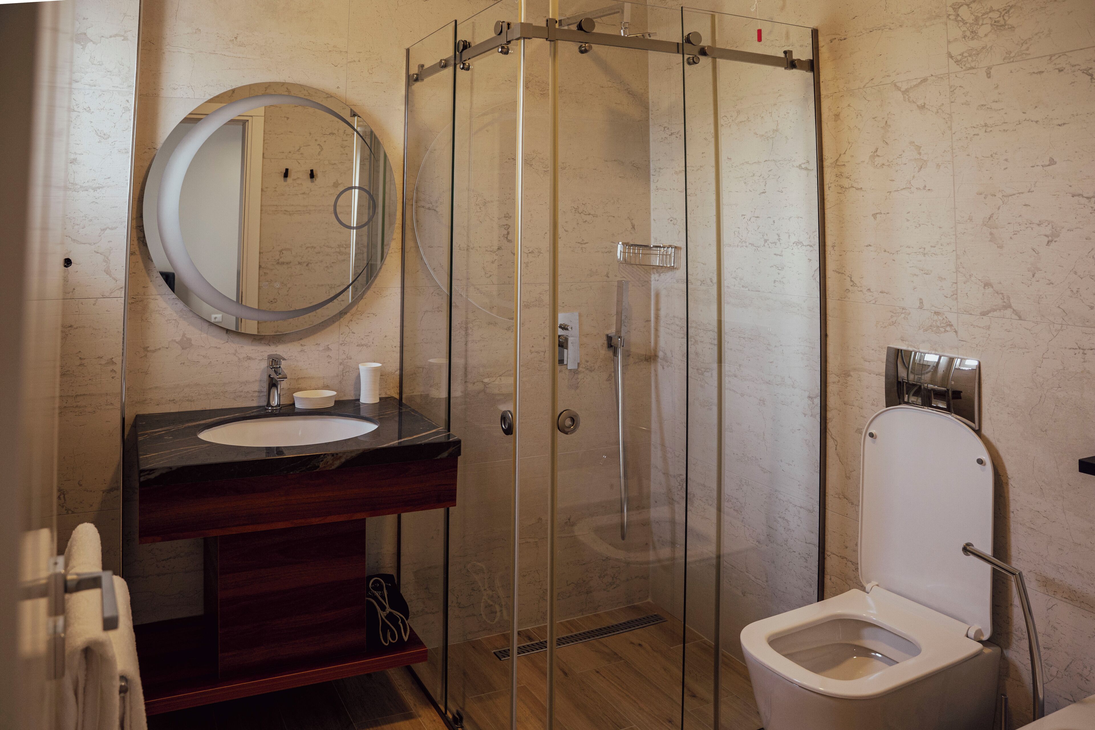 Shower, free toiletries, hair dryer, towels