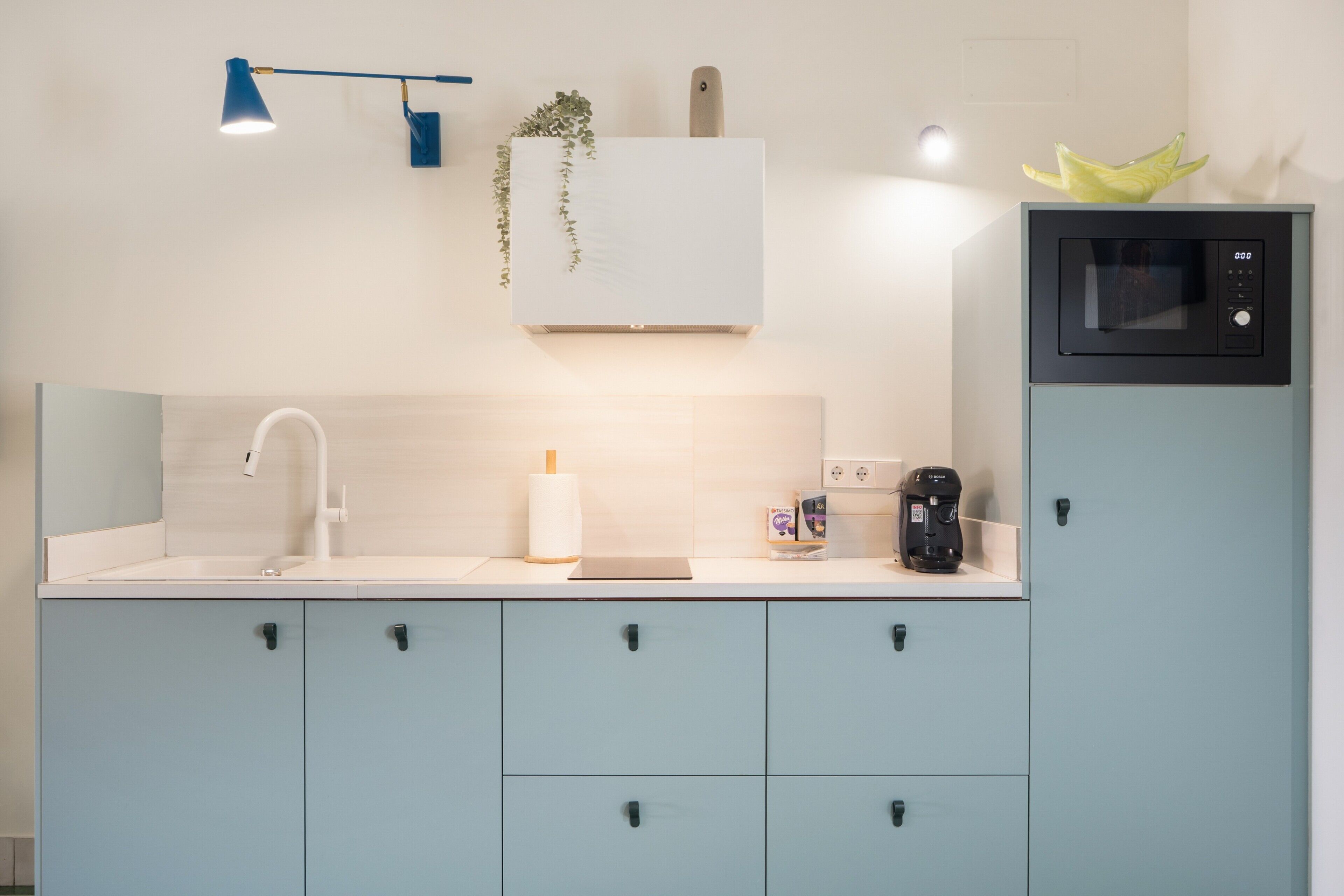 Une cuisine moderne équipée d’un évier, d’un robinet, d’un plan de travail, de placards, d’un four à micro-ondes, d’une machine à café, d’une plante et d’un luminaire.