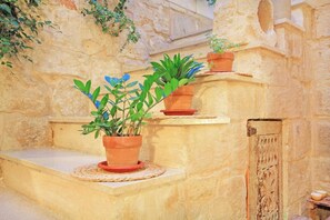 Un escalier en pierre, avec des plantes en pot disposées sur les marches.
