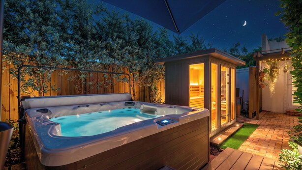 Ein Whirlpool, eine Holzterrasse und ein kleines Gebäude mit beleuchtetem Innenraum, umgeben von Bäumen und Nachthimmel.