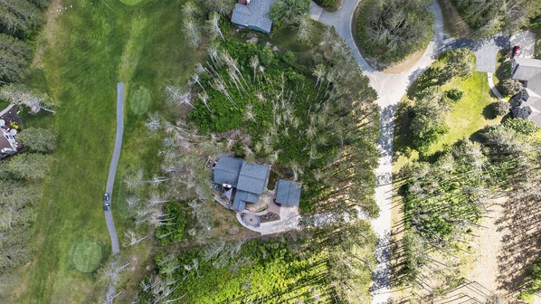 A residential area with a two-story house, a driveway, and surrounding greenery.