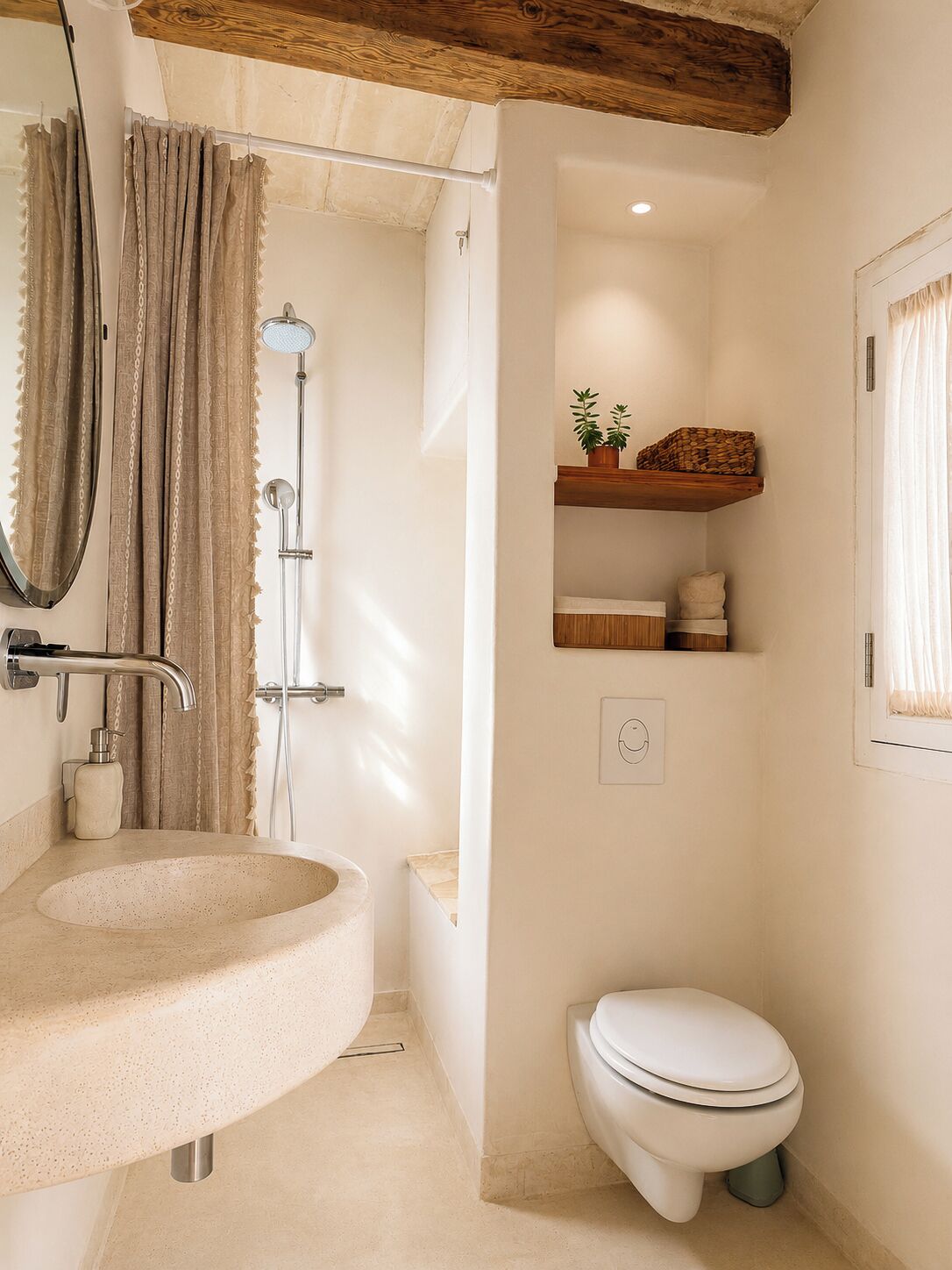 A bathroom with a freestanding sink, a toilet, a shower, and a wooden shelf with toiletries.