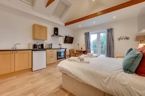 A compact hotel room with a kitchenette, a bed with pillows, a TV, and a bicycle decoration. - 8 Bed in Llanrhidian (oc-hh1235) (Llanrhidian)