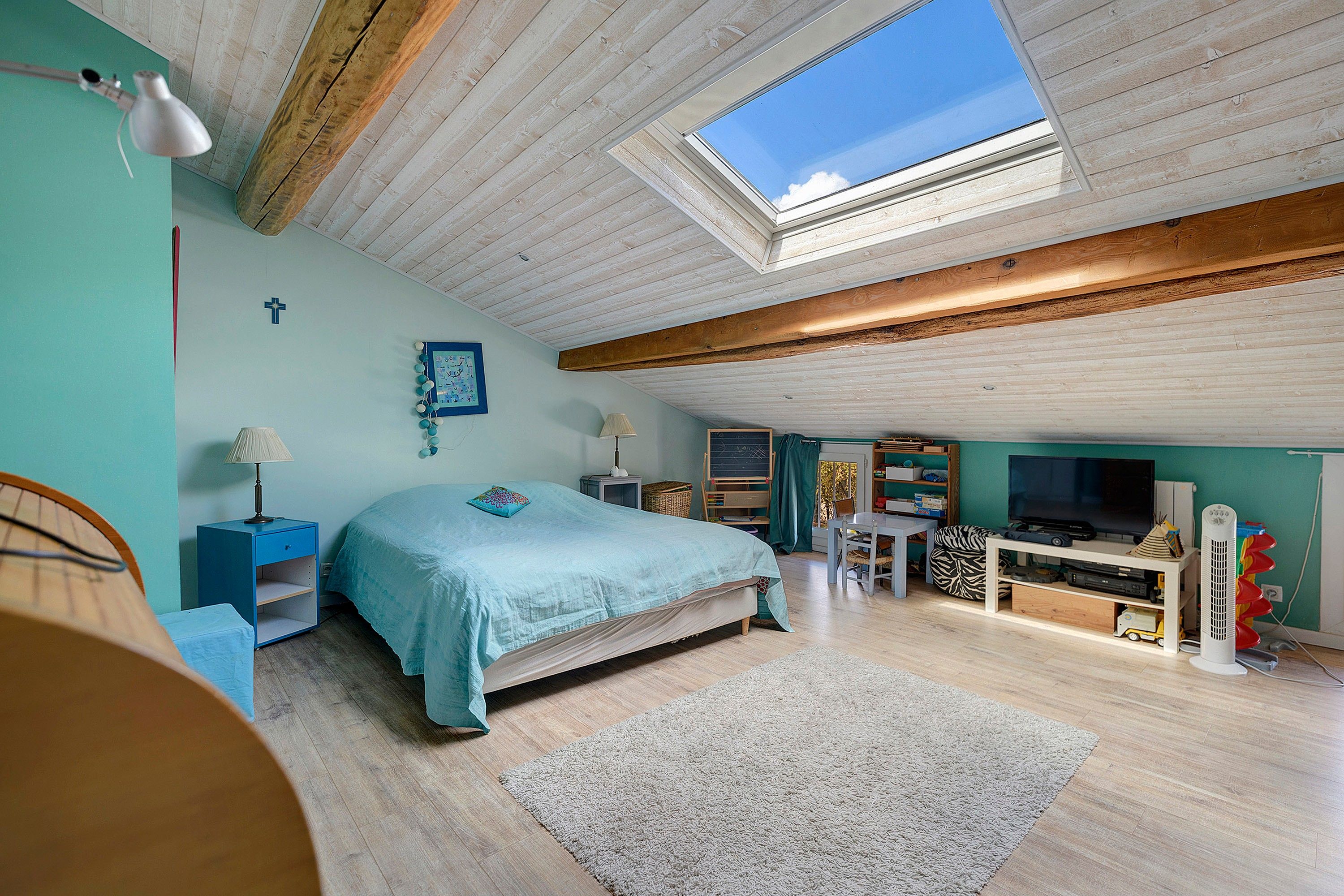 A bedroom with a skylight, a bed, a desk, a TV, and a bookshelf.