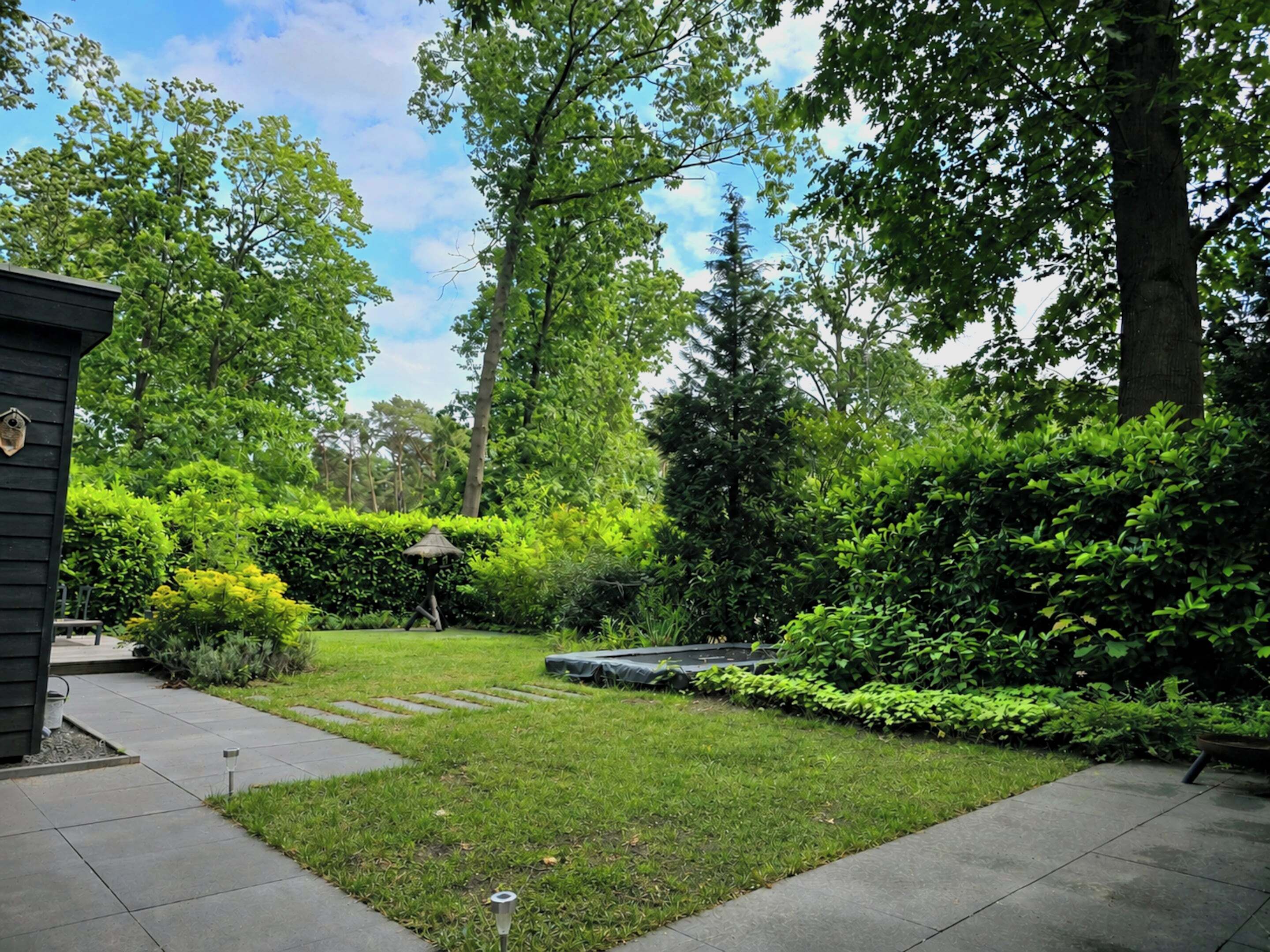 Ein gepflegter Garten mit Rasen, einem kleinen Teich und einer hölzernen Struktur.