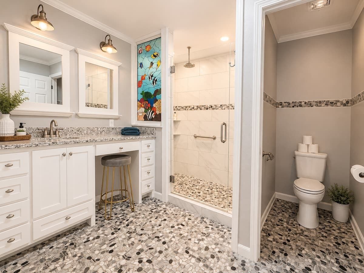 A bathroom with a shower, toilet, and sink.