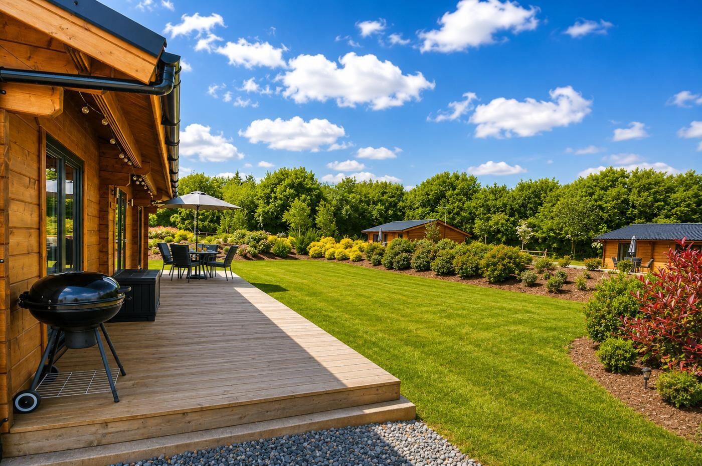 A wooden deck with outdoor furniture, a barbecue grill, and a well-maintained lawn.