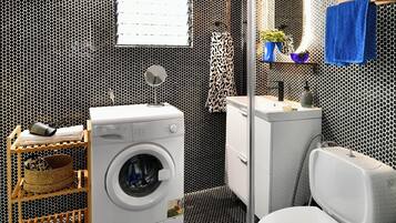 Hair dryer, towels, soap, toilet paper