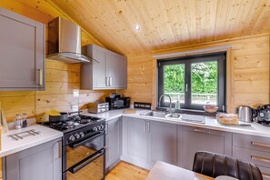 Een kleine keuken met een gasfornuis, oven en moderne apparaten.