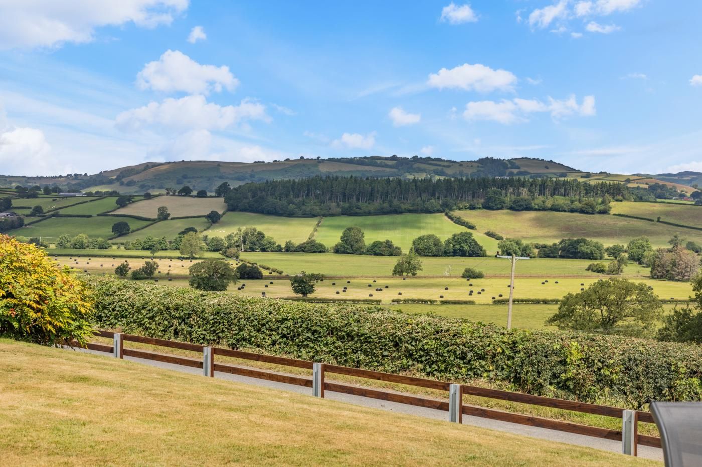 A rural landscape with rolling hills, fields, and scattered trees.