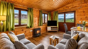 A cozy cabin interior with wooden walls, a fireplace, a TV, and a sofa. - 2 Bed in Llandinam (oc-t31974) (Llandinam)