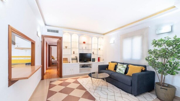 Un salon moderne avec un canapé, une table basse et un téléviseur. On y trouve également une plante et un tapis à motifs.