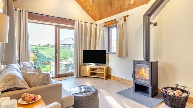 A cozy living room with a sofa, TV, and fireplace. - 2 Bed in Bodmin (oc-w32907) (Saint Winnow)