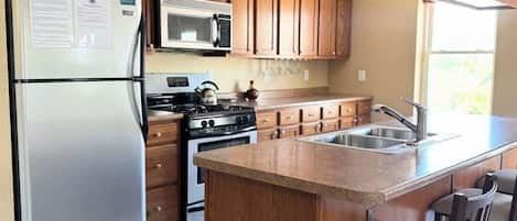 Coffee/tea maker, fridge, microwave, oven
