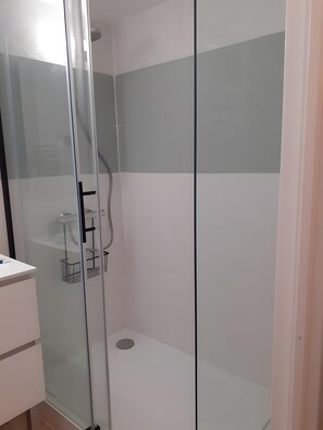 Chuveiro, secador de cabelo, toalhas de banho 