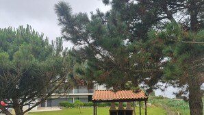 Un'area verde all'aperto con un gazebo, due poltrone bianche e un grande albero.
