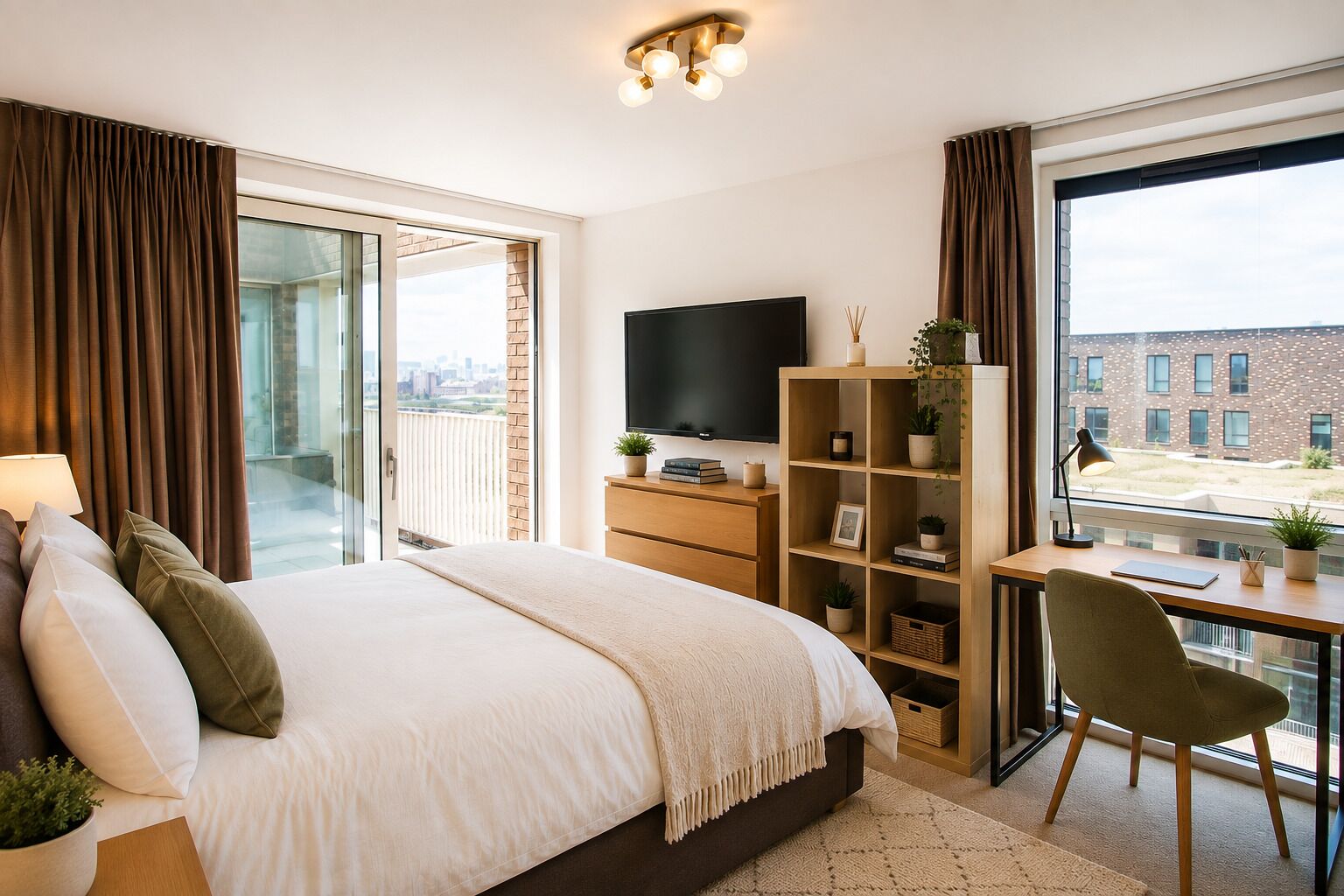 Una habitación de hotel moderna con una cama grande, un escritorio con silla, un televisor y una estantería.