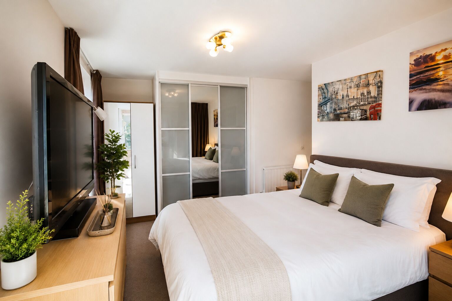 Ein Hotelzimmer mit einem großen Bett, einem Fernseher, einem Kleiderschrank und einem Bild an der Wand.
