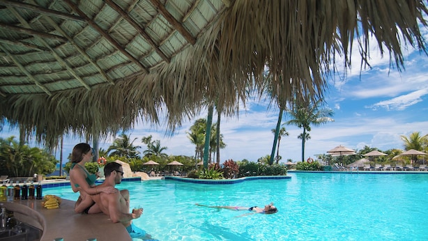 Ein Poolbereich mit Reetdach, Liegestühlen und einer Bar mit Flaschen und Snacks.