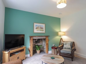 A living room with teal walls, a fireplace, a television, a lamp, and a chair. - Station Lodge (Forres)