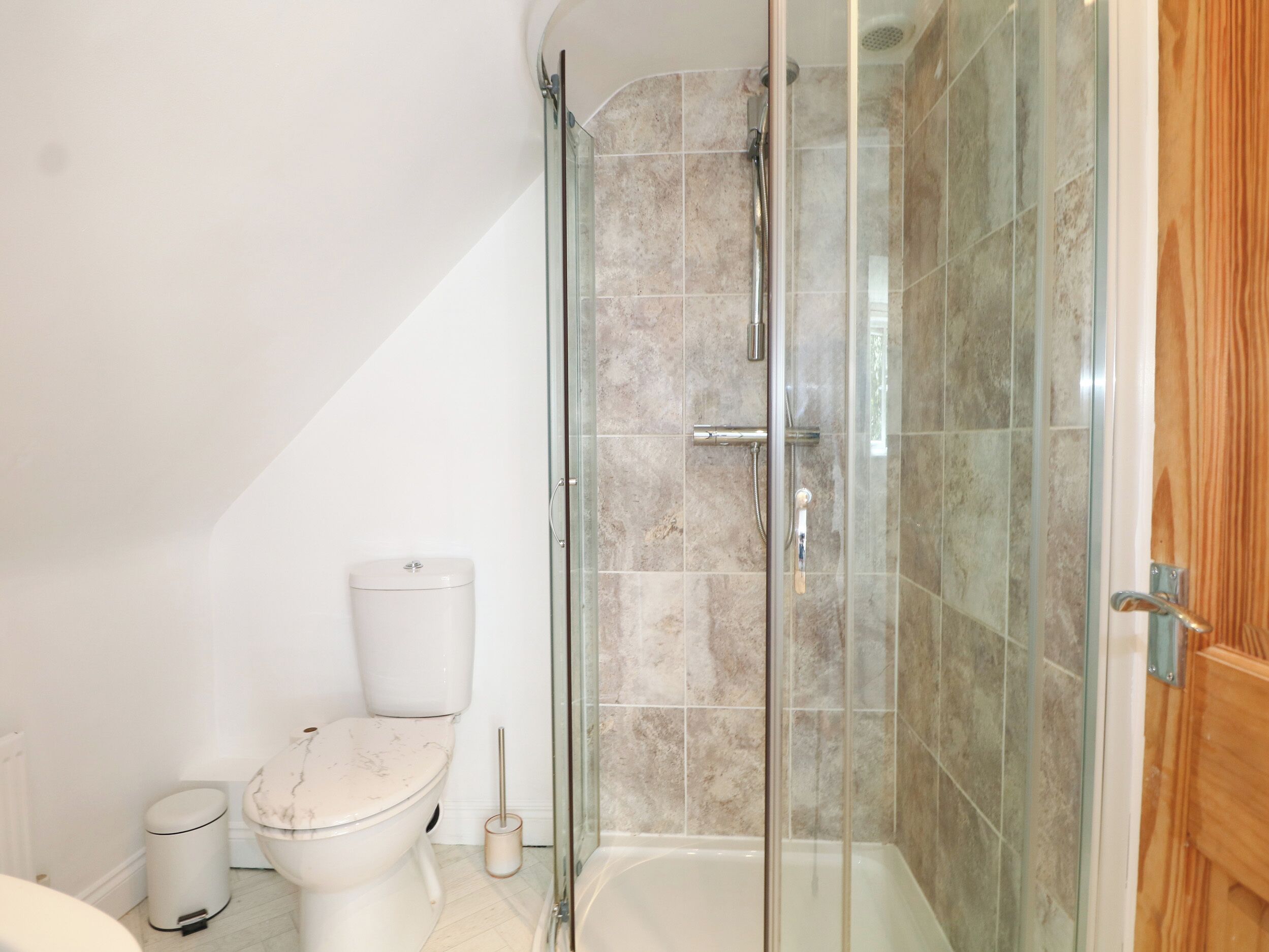 Une salle de bain avec des toilettes, une douche à parois de verre et une porte en bois.