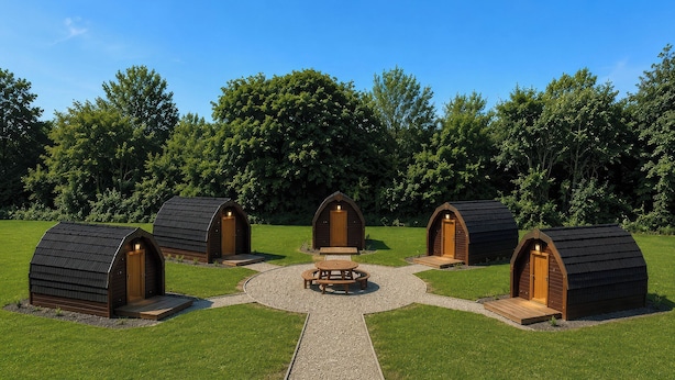 Four wooden cabins with pitched roofs, arranged around a central fire pit on a gravel path, set in a grassy area with trees in the background.