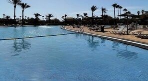 Una piscina con lettini e palme.