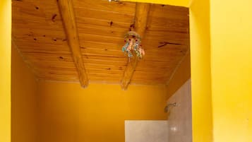 A small bathroom with a wooden ceiling, a shower, a toilet, and a bidet.