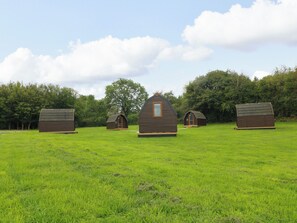 Una hilera de cabañas de madera pequeñas en un campo con árboles al fondo.