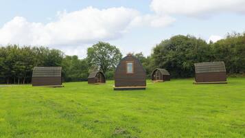 A row of small, wooden cabins with pitched roofs in a grassy field.
