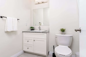A bathroom with a white sink, a toilet, and a mirror. - Modern High Rise Condo w Private Patio—Downtown (Kitchener)