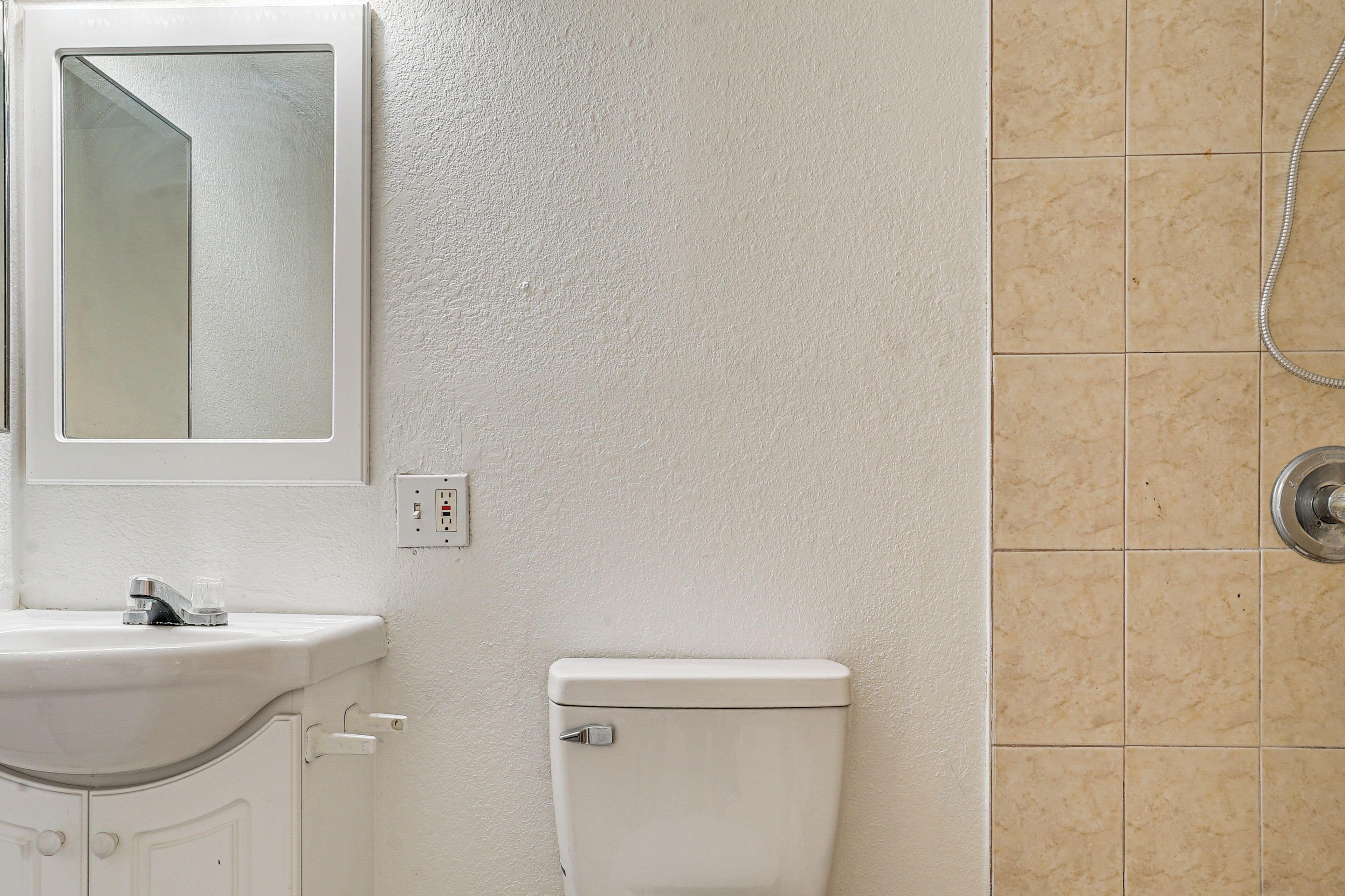 Een badkamer met een witte wastafel, spiegel en toilet, en een douchegedeelte met betegelde wanden.