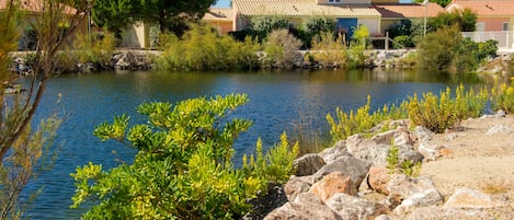 A serene lakeside setting with a row of houses, a clear sky, and surrounding greenery.