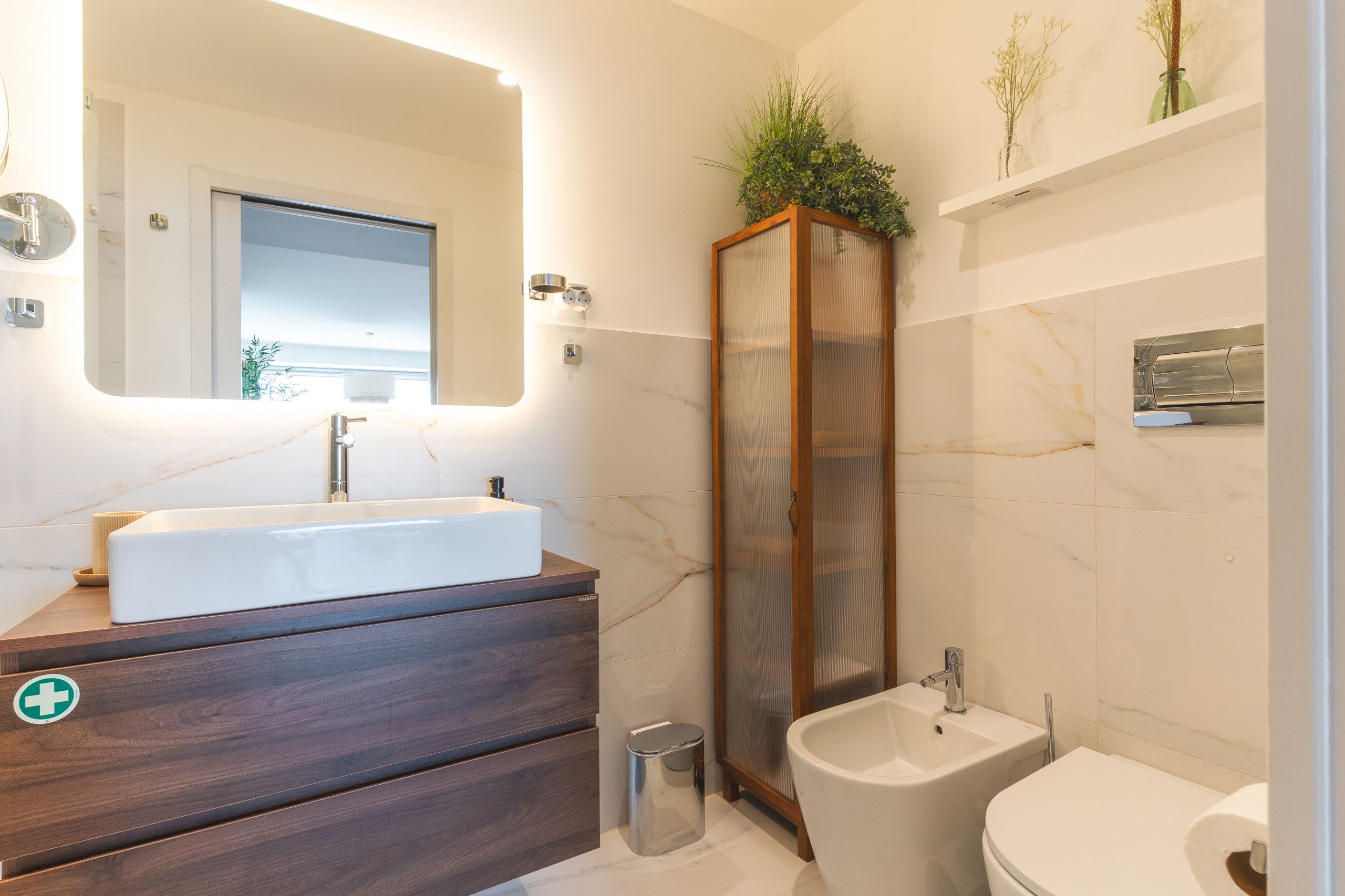 A modern bathroom with a large mirror, a rectangular sink, a bidet, and a tall cabinet with plants.