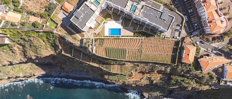 An aerial view of a coastal property with a swimming pool, terraced gardens, and a rocky shoreline.
