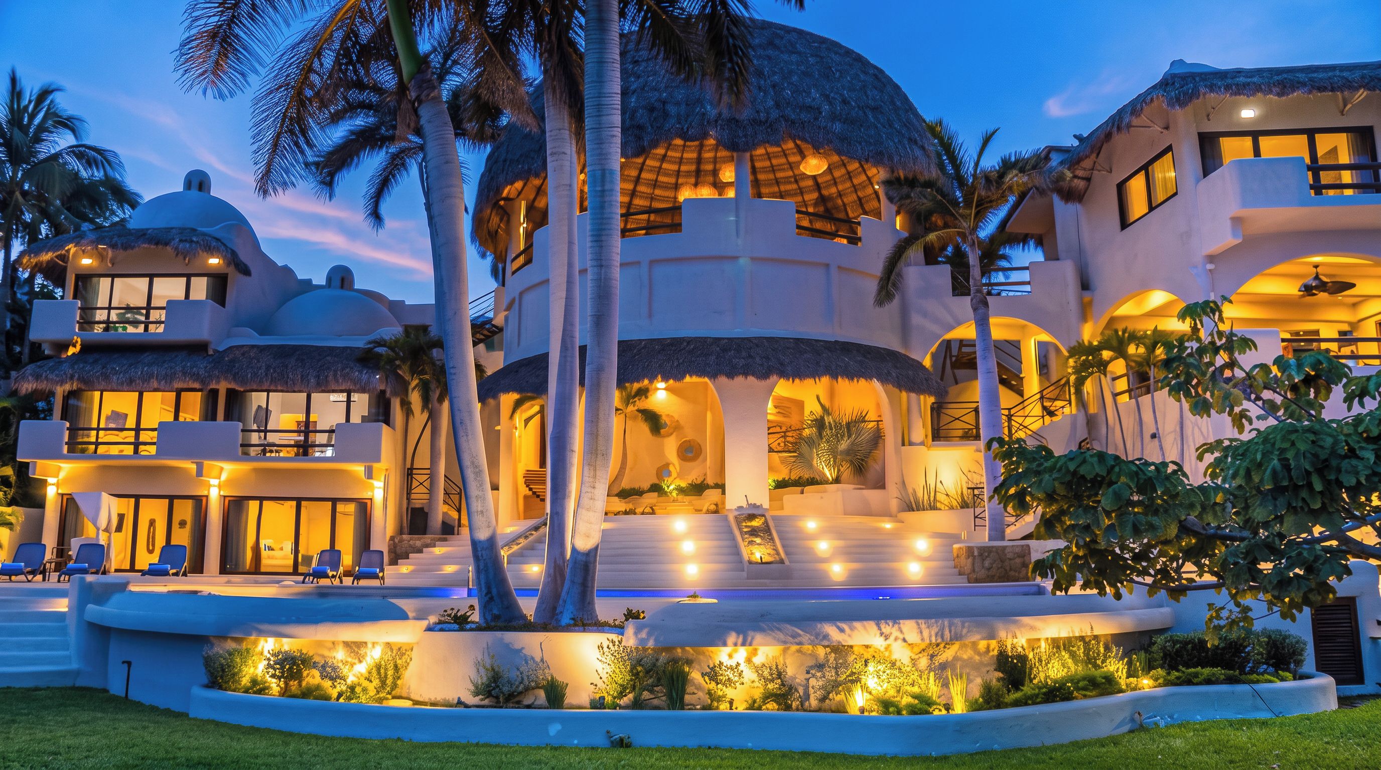 A resort with multiple buildings, outdoor seating, and a well-lit pool area.